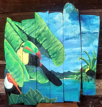 Custom Driftwood Painting, Fiesta de Tucanes | Island Art Studio | Tropical Art | Bocas del Toro